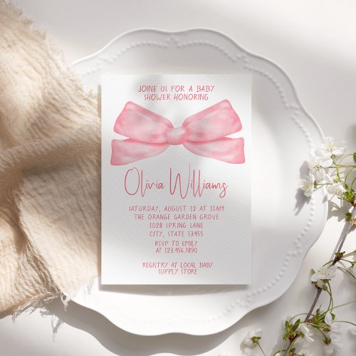 Watercolor Pink Bow Hand Written Baby Girl Shower  Invitation