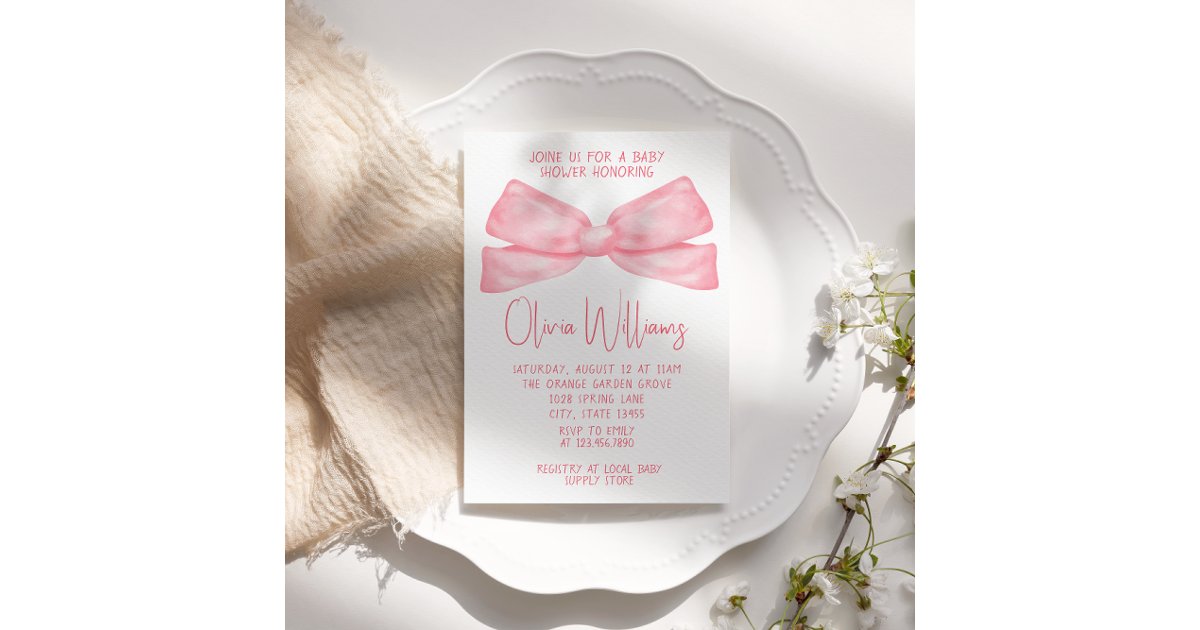 Watercolor Pink Bow Hand Written Baby Girl Shower Invitation | Zazzle