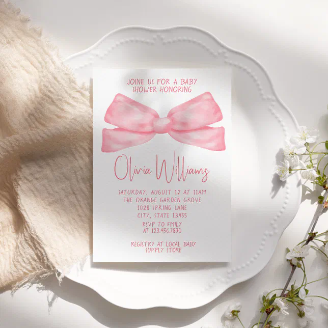 Watercolor Pink Bow Hand Written Baby Girl Shower Invitation | Zazzle