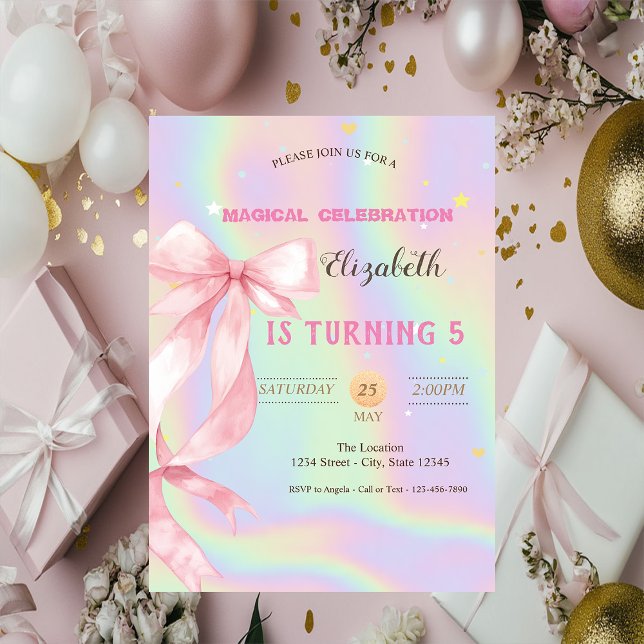 Watercolor Pink Bow Holographic Birthday Invitation (Creator Uploaded)