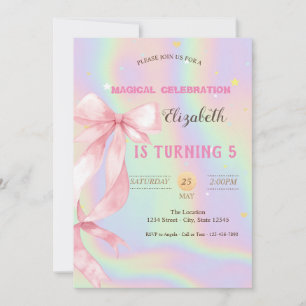 Watercolor Pink Bow Holographic Birthday Invitation