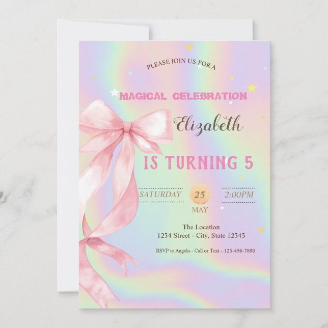 Watercolor Pink Bow Holographic Birthday Invitation (Front)