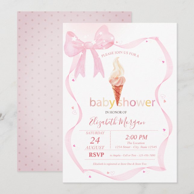 Watercolor Pink Bow Ice cream Dots Baby Shower Invitation (Front/Back)