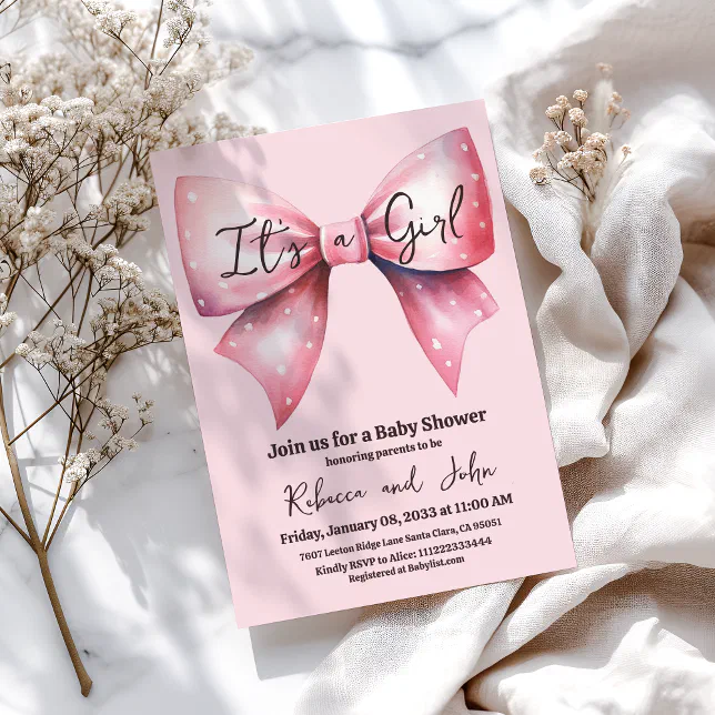 Watercolor Pink Bow It's a Girl Baby Shower Invitation | Zazzle