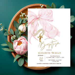 Watercolor Pink Bow Pearls Cross Dots Baptism Invitation