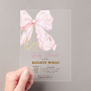 Watercolor Pink Bow Pearls Dots Baby Shower Acrylic Invitations