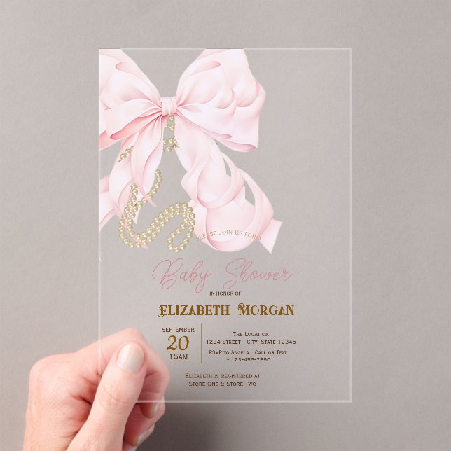 Watercolor Pink Bow Pearls Dots Baby Shower  Acrylic Invitations (Insitu (Handheld))