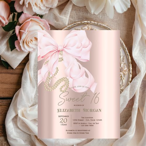 Watercolor Pink Bow Pearls Rose Gold Sweet 16 Invitation