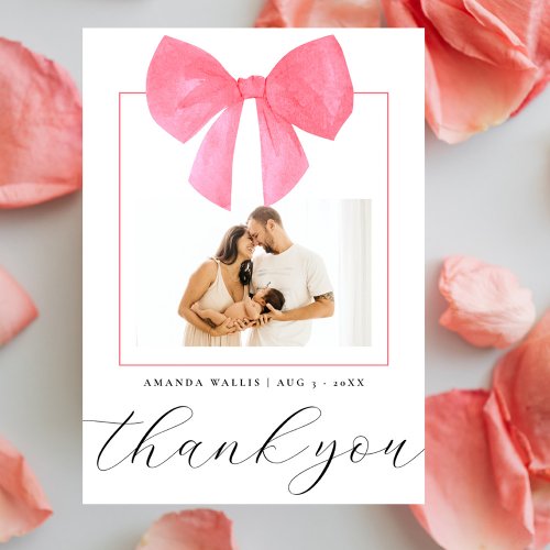 Watercolor Pink Bow Photo Baby Shower Thank You