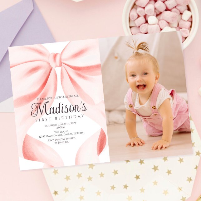 Watercolor Pink Bow Photo First Birthday Invitation (Creator Uploaded)