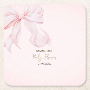 Watercolor Pink Bow Pink Dots Baby Shower Square Paper Coaster