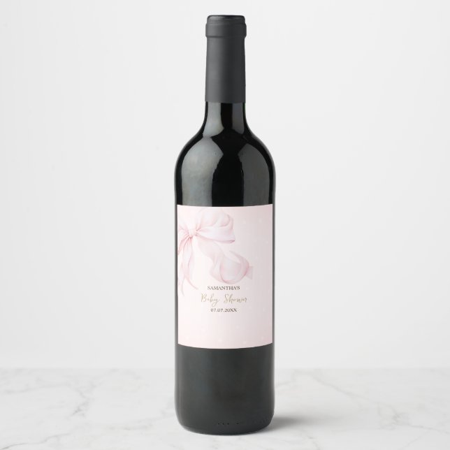 Watercolor Pink Bow Pink Dots Baby Shower  Wine Label (Front)