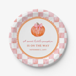 Watercolor Pink Bow Pumpkin Baby Shower Paper Plates
