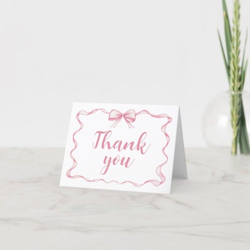 Watercolor Pink Bow Ribbon Frame Thank You Card