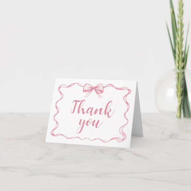Watercolor Pink Bow Ribbon Frame Thank You Card (Front)