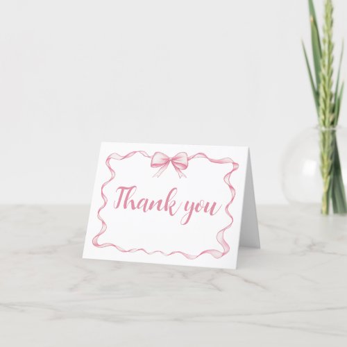 Watercolor Pink Bow Ribbon Frame Thank You Card