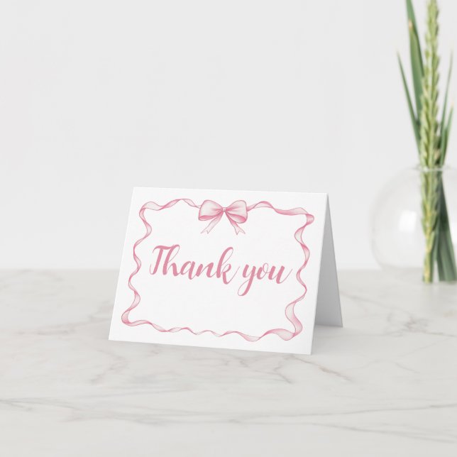 Watercolor Pink Bow Ribbon Frame Thank You Card (Front)