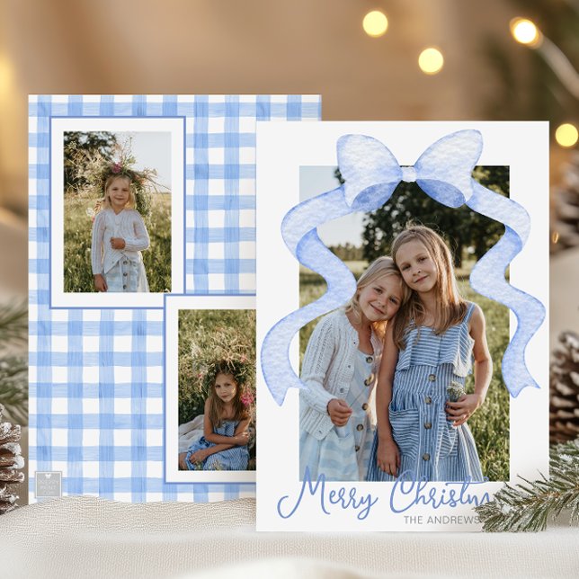 Watercolor Pink Bow Ribbon Sash Christmas Photo Holiday Card (Creator Uploaded)