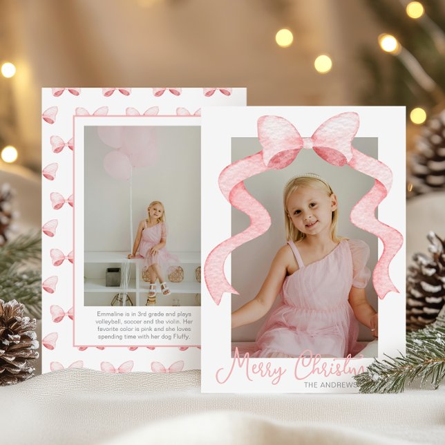 Watercolor Pink Bow Ribbon Sash Christmas Photo Holiday Card (Creator Uploaded)