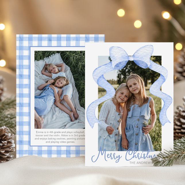 Watercolor Pink Bow Ribbon Sash Christmas Photo Holiday Card (Creator Uploaded)