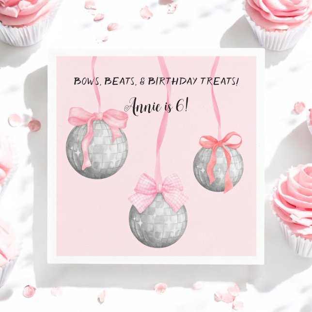Watercolor Pink Bow Ribbon Silver Disco Ball Napkins (Creator Uploaded)