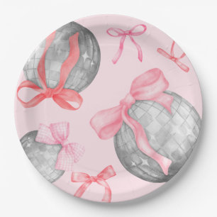 Watercolor Pink Bow Ribbon Silver Disco Ball Paper Paper Plates