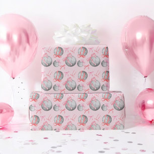 Watercolor Pink Bow Ribbon Silver Disco Ball Wrapping Paper