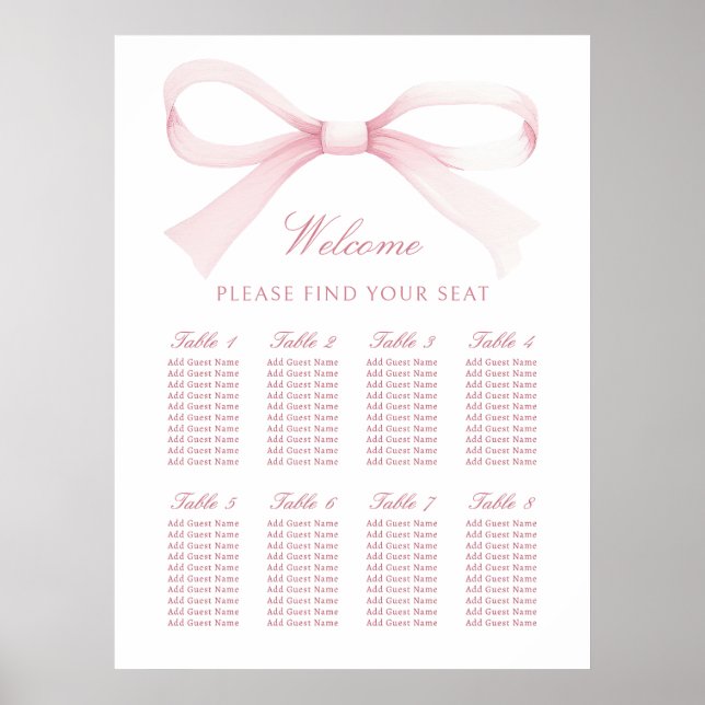 Watercolor Pink Bow Seating Chart (Front)