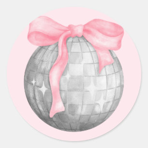Watercolor Pink Bow Silver Disco Ball Classic Round Sticker
