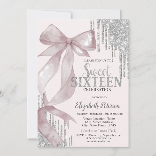 Watercolor Pink Bow Silver Glitter Drips Sweet 16 Invitation (Front)