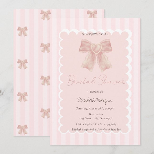 Watercolor Pink Bow Striped Bridal Shower Invitation (Front/Back)