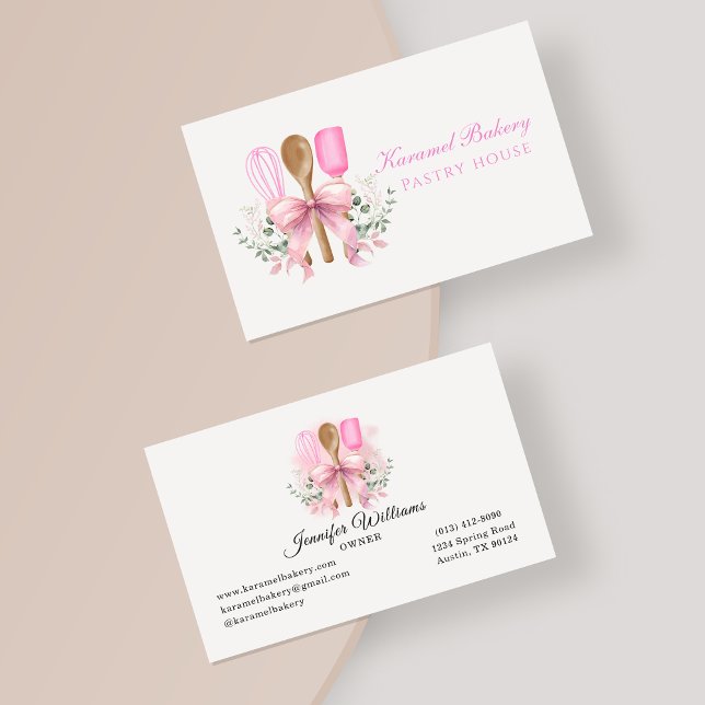Watercolor Pink Bow Utensil Bakery Business Card (Creator Uploaded)