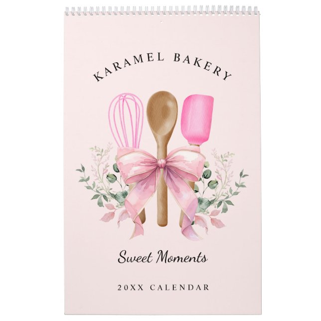 Watercolor Pink Bow Utensils Bakery Calendar (Cover)