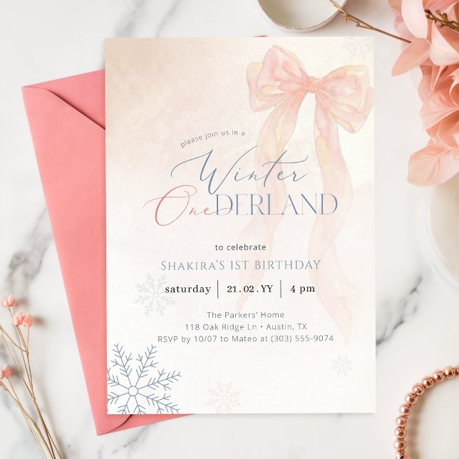 Watercolor Pink Bow Winter Onederland 1st Birthday Invitation (Creator Uploaded)