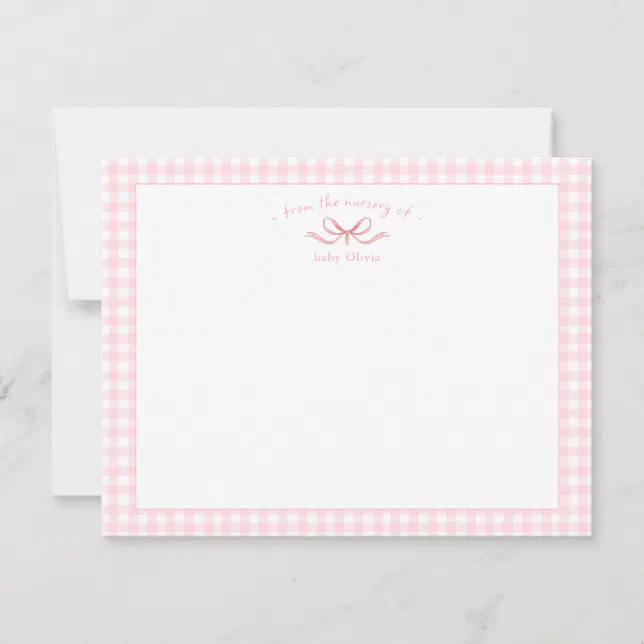 watercolor pink bow with gingham border Baby girl Thank You Card | Zazzle