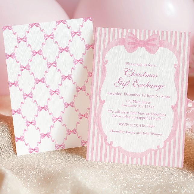Watercolor Pink Bows Christmas Party Invitation (Creator Uploaded)