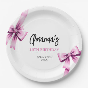 Watercolor Pink Bows Coquette Sweet 16 Birthday Paper Plates