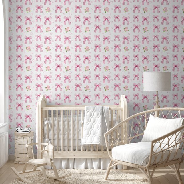 Watercolor Pink Bows Pattern Wallpaper (Kids)