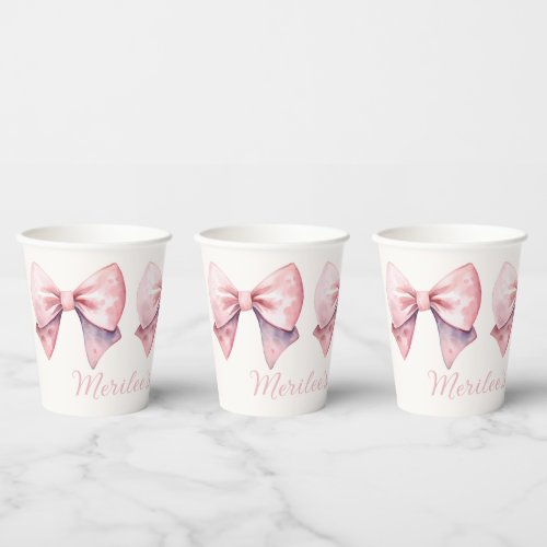 Watercolor Pink Bows Personalized Baby Shower Paper Cups