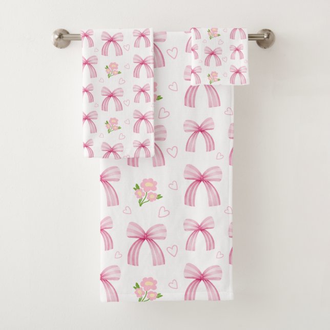 Watercolor Pink Bows with Hearts Bath Towel Set (Insitu)