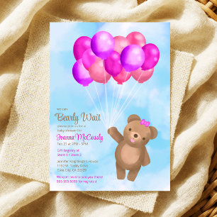 Watercolor Pink Brown Balloons Bear Baby Shower Invitation