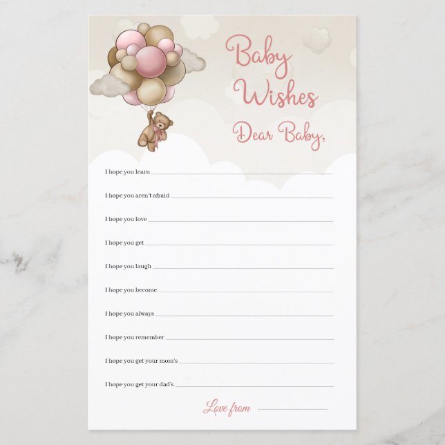 Watercolor pink brown ivory teddy Dear Baby Wishes (Front)