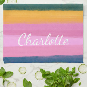 Watercolor Pink Brush Stroke Stripes Personalized  Kitchen Towel