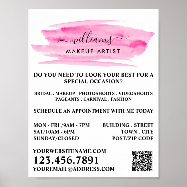 Watercolor Pink Brushstroke Makeup Artist Poster (Front)