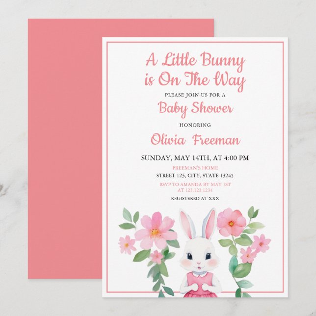 Watercolor Pink Bunny Girl Floral Baby Shower Invitation (Front/Back)