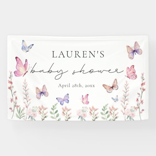 Watercolor Pink Butterflies Baby Shower  Banner