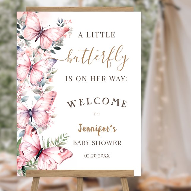 Watercolor Pink Butterfly Baby Shower Welcome Sign (Creator Uploaded)