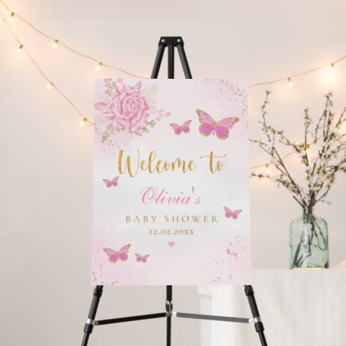 Watercolor Pink Butterfly Baby Shower Welcome Sign