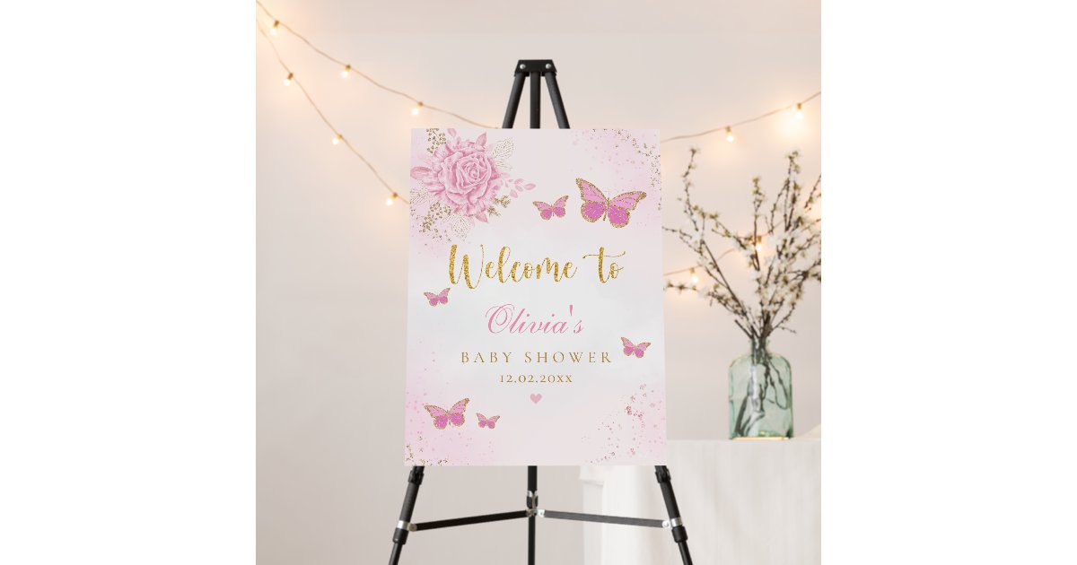 Watercolor Pink Butterfly Baby Shower Sign Zazzle