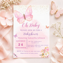 Watercolor Pink butterfly Floral Baby Shower